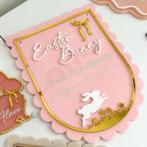 engraved wood with acrylic detailing, with mirrored finish, personalised Easter Bunny Stop Here Door Sign.
