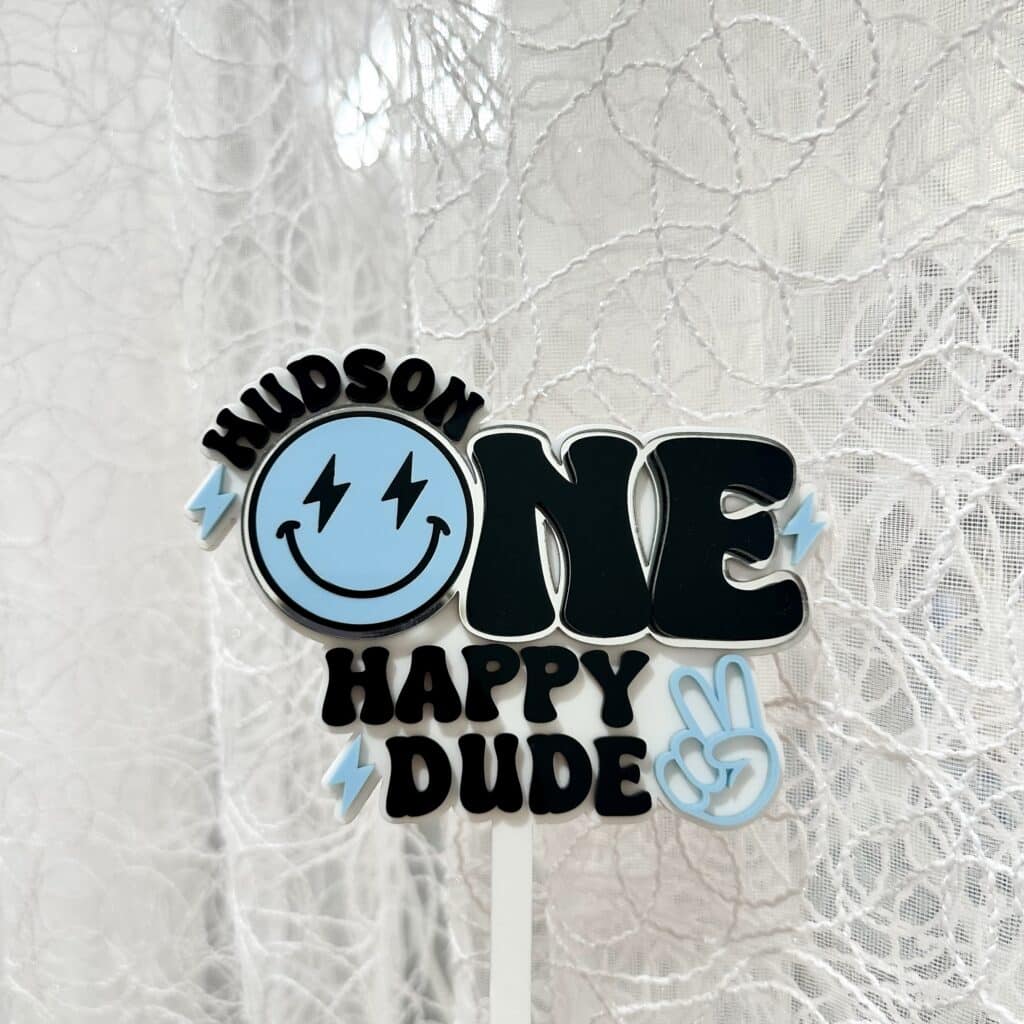 Happy Dude Personalised Cake Topper - Triple Layer, made from layered acrylic, with a glossy finish.
