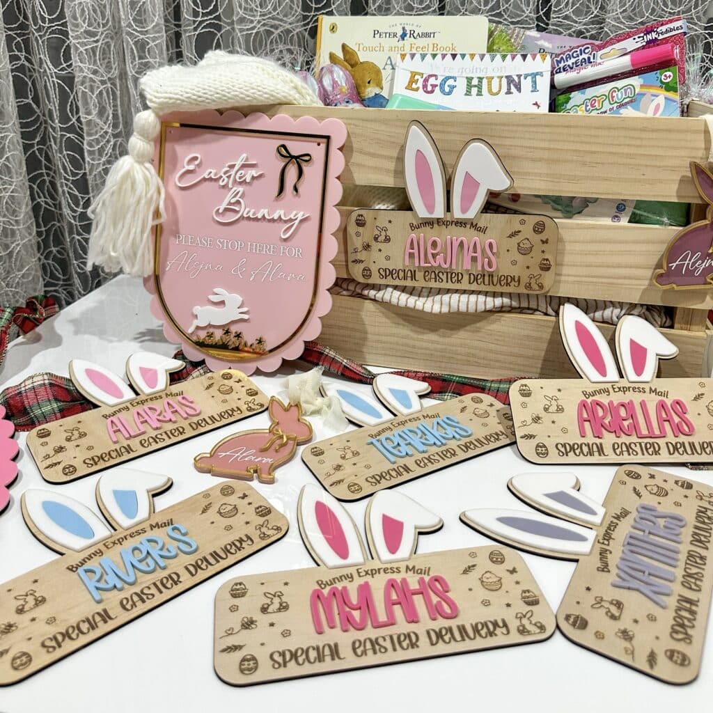 A custom, handcrafted, layered acrylic Easter Bunny Express Mail Crate Plaque with Ears, ready for personalisation.