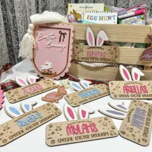 A custom, handcrafted, layered acrylic Easter Bunny Express Mail Crate Plaque with Ears, ready for personalisation.