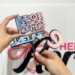 Acrylic cake topper set for K-Pop Demon Hunters fans. Personalised, custom, handcrafted, bespoke 3D acrylic cake topper set.