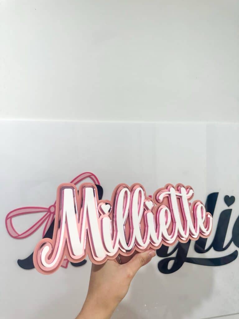 Triple layer acrylic name sign, personalised 3D decor, made with layered acrylic, featuring a custom name in a 3D design.