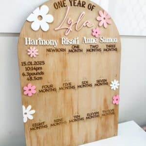 layered acrylic daisy theme photo board for a first year baby, ready for personalisation.