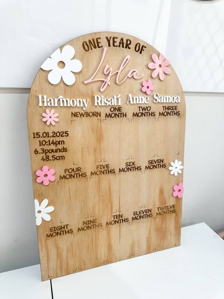 layered acrylic daisy theme photo board for a first year baby, ready for personalisation.