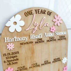 layered acrylic daisy theme photo board for a first year baby, ready for personalisation.