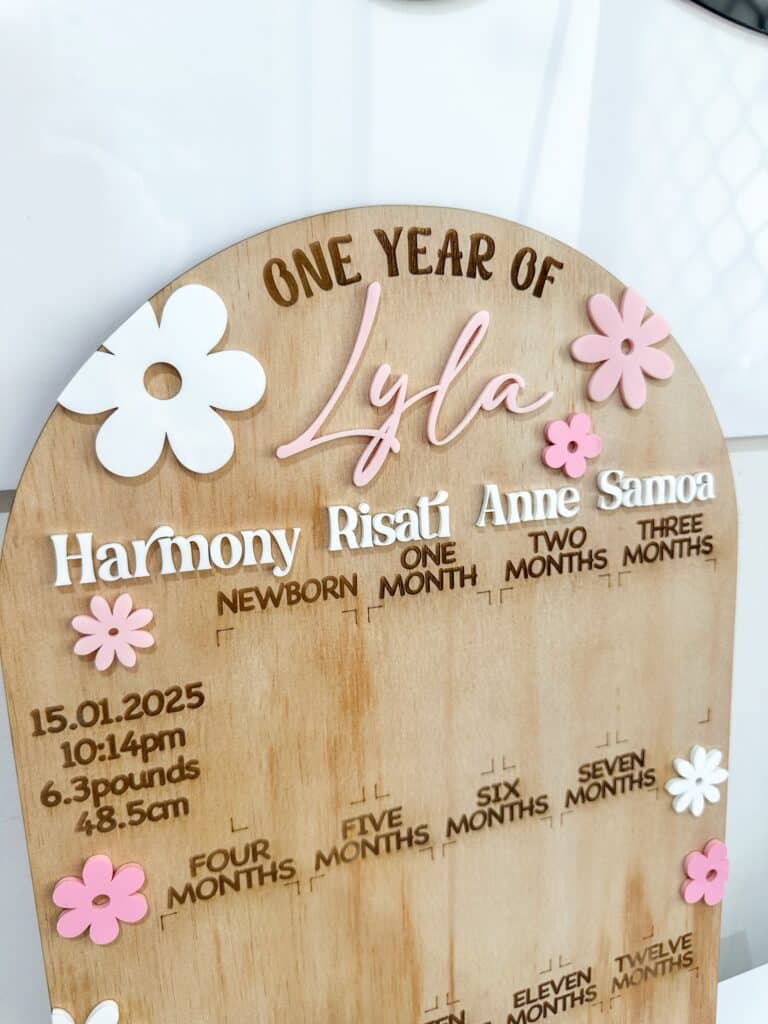 layered acrylic daisy theme photo board for a first year baby, ready for personalisation.