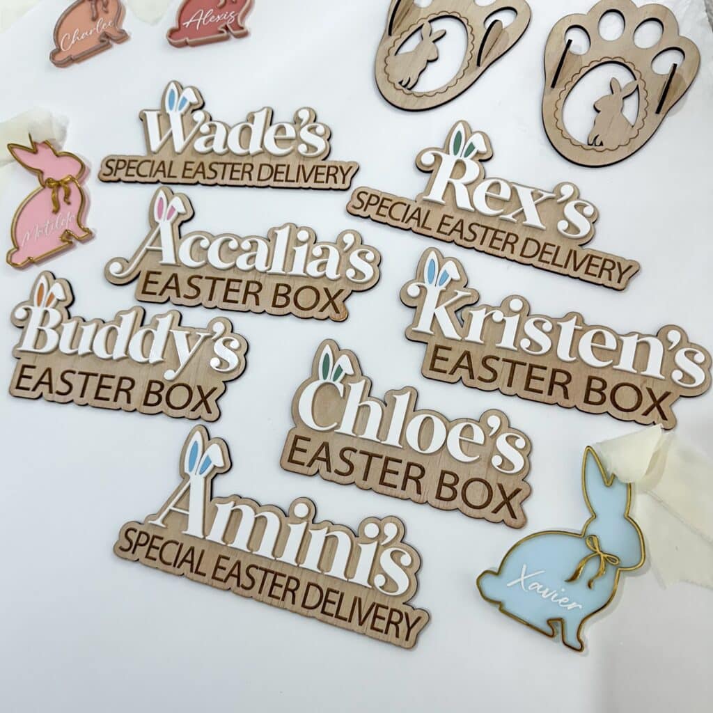 Acrylic Easter bunny delibox plaque, personalised with a custom name. A unique, handcrafted keepsake for Easter celebrations.