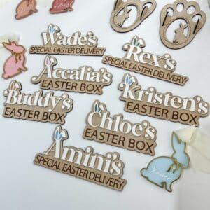 Acrylic Easter bunny delibox plaque, personalised with a custom name. A unique, handcrafted keepsake for Easter celebrations.