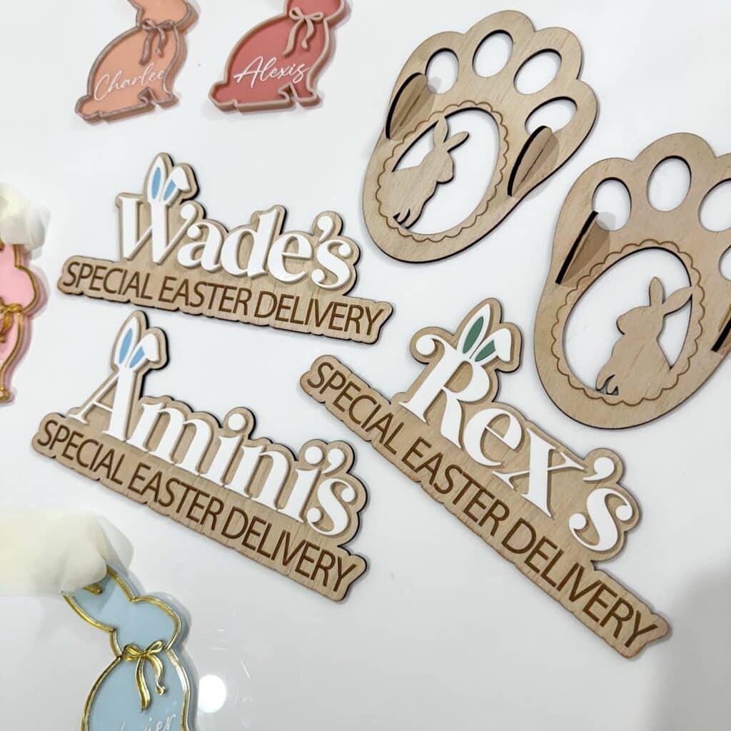 A custom, layered acrylic Easter bunny delibox plaque, ready for personalisation. Personalised Easter bunny delivery box.