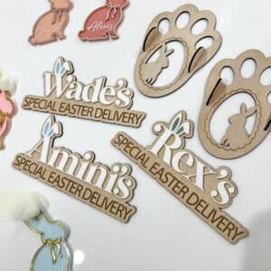 A custom, layered acrylic Easter bunny delibox plaque, ready for personalisation. Personalised Easter bunny delivery box.