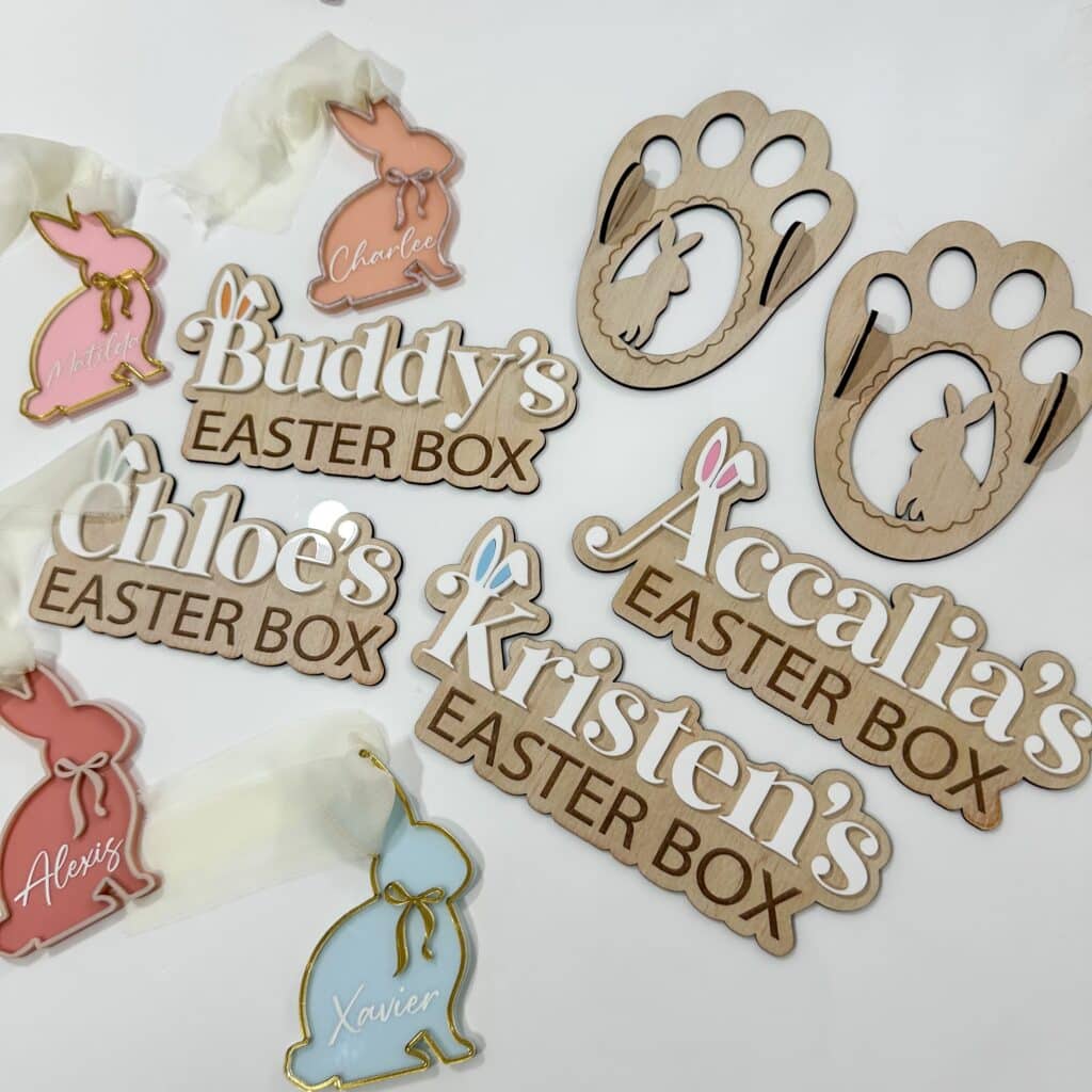 A custom, handcrafted, layered acrylic Easter bunny delivery box plaque, ready for personalisation.