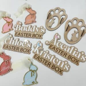A custom, handcrafted, layered acrylic Easter bunny delivery box plaque, ready for personalisation.