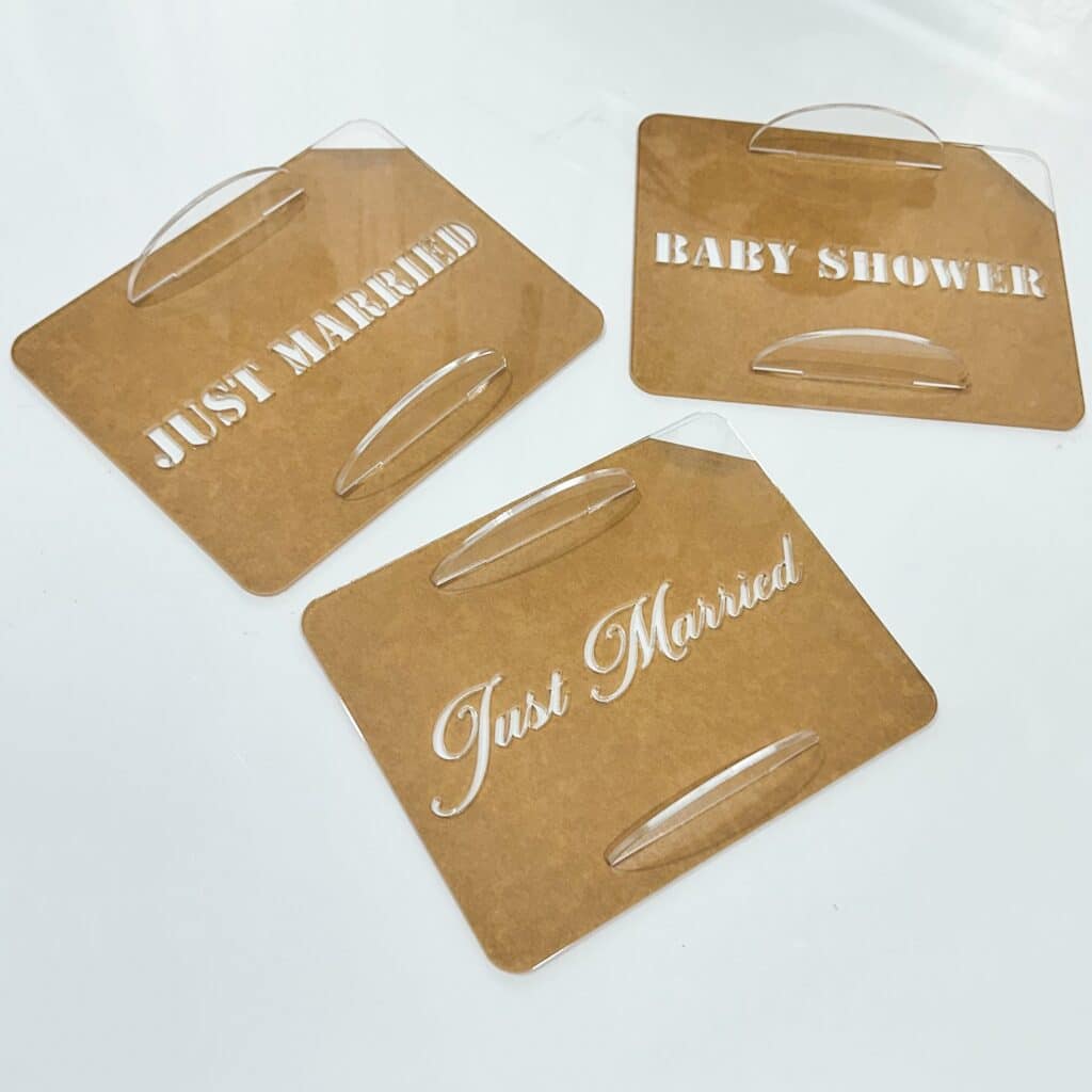 Clear acrylic cake stencils for customising tiramisu cakes, ready for personalisation.