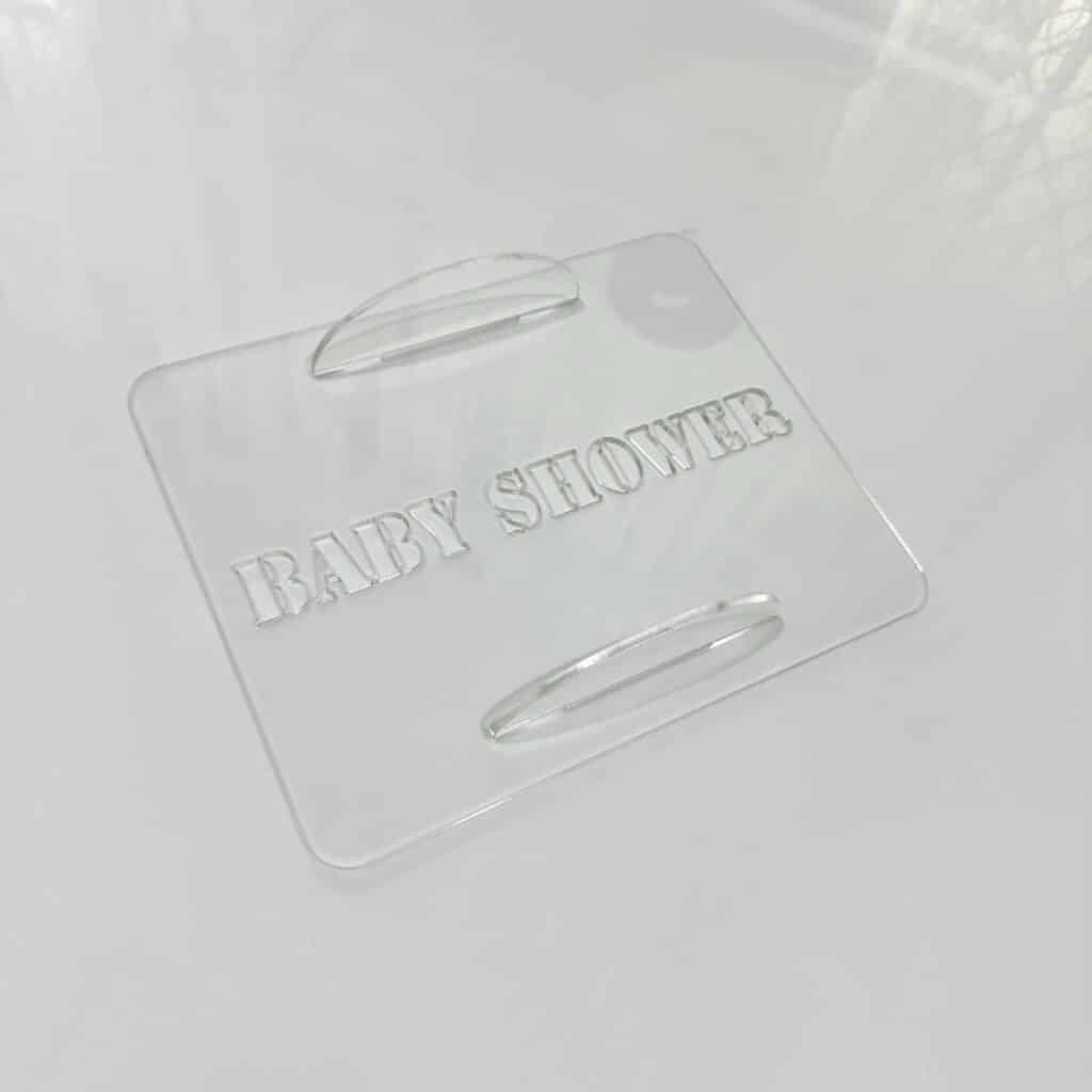 Clear acrylic cake stencil set, personalised baby shower keepsake. Custom cake decoration, perfect for a special celebration.