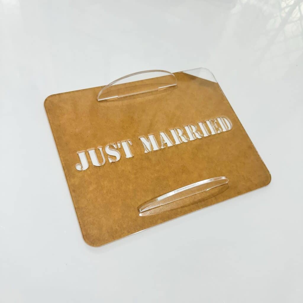 Acrylic cake topper stencils for a Tiramisu "Just Married" cake, ready for personalisation. Personalised, custom.