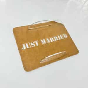 Acrylic cake topper stencils for a Tiramisu "Just Married" cake, ready for personalisation. Personalised, custom.