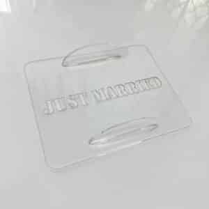 Acrylic cake stencil set for a Tiramisu "Just Married" cake, featuring a custom, handcrafted design.