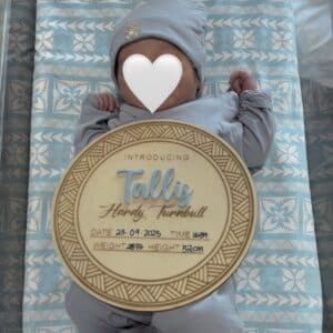 layered acrylic baby announcement plaque with Maori New Zealand art, ready for personalisation.