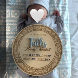 layered acrylic baby announcement plaque with Maori New Zealand art, ready for personalisation.