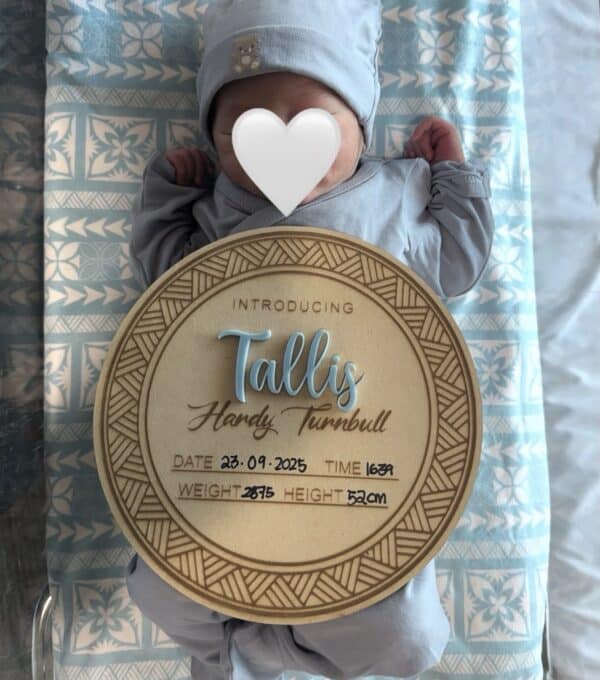 layered acrylic baby announcement plaque with Maori New Zealand art, ready for personalisation.