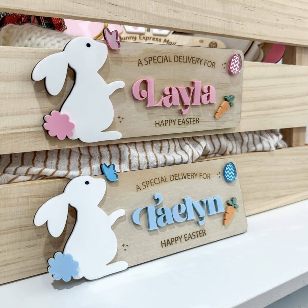 A custom, handcrafted, layered acrylic bunny Easter plaque, ready for personalisation.
