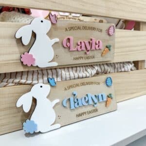 A custom, handcrafted, layered acrylic bunny Easter plaque, ready for personalisation.