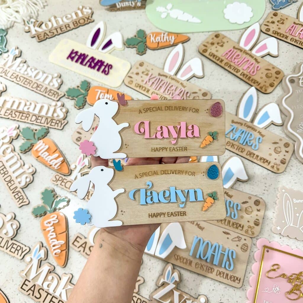 Acrylic bunny Easter plaque, personalised with a custom name, ready for personalisation. A special keepsake for Easter.