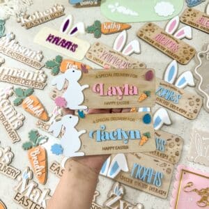 Acrylic bunny Easter plaque, personalised with a custom name, ready for personalisation. A special keepsake for Easter.