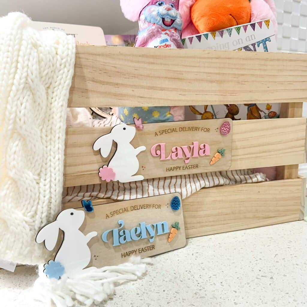 A custom, handcrafted, layered acrylic bunny Easter plaque, ready for personalisation.