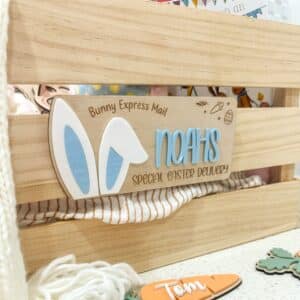Acrylic Easter Bunny Express Mail Crate Plaque with Side Ears. Personalised, custom, handcrafted, bespoke Easter keepsake.