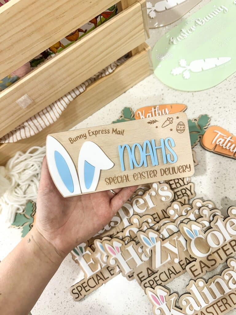 Easter Bunny Express Mail Crate Plaque with Side Ears. Personalised, custom, handcrafted, bespoke acrylic plaque with side.