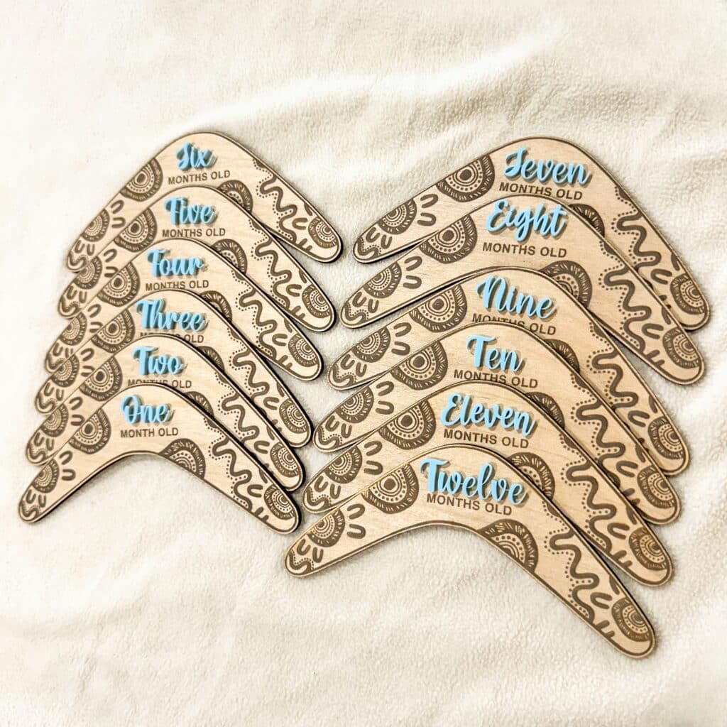 Custom Boomerang Milestone with Acrylic Wording 1-12m. Personalised, handcrafted, and made from layered acrylic, this.