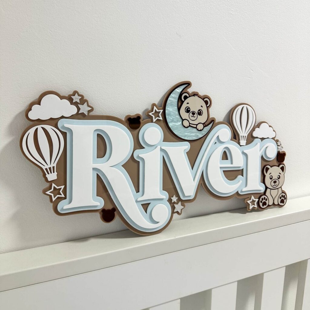 Personalised Acrylic Teddy Bear Name Plate: Unique Custom 3D Sign for Baby’s Nursery Wall