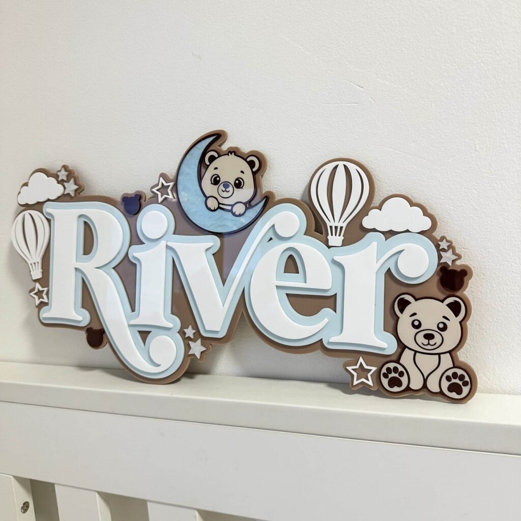 layered acrylic teddy bear name plate, personalised 3D wall art for baby's nursery.