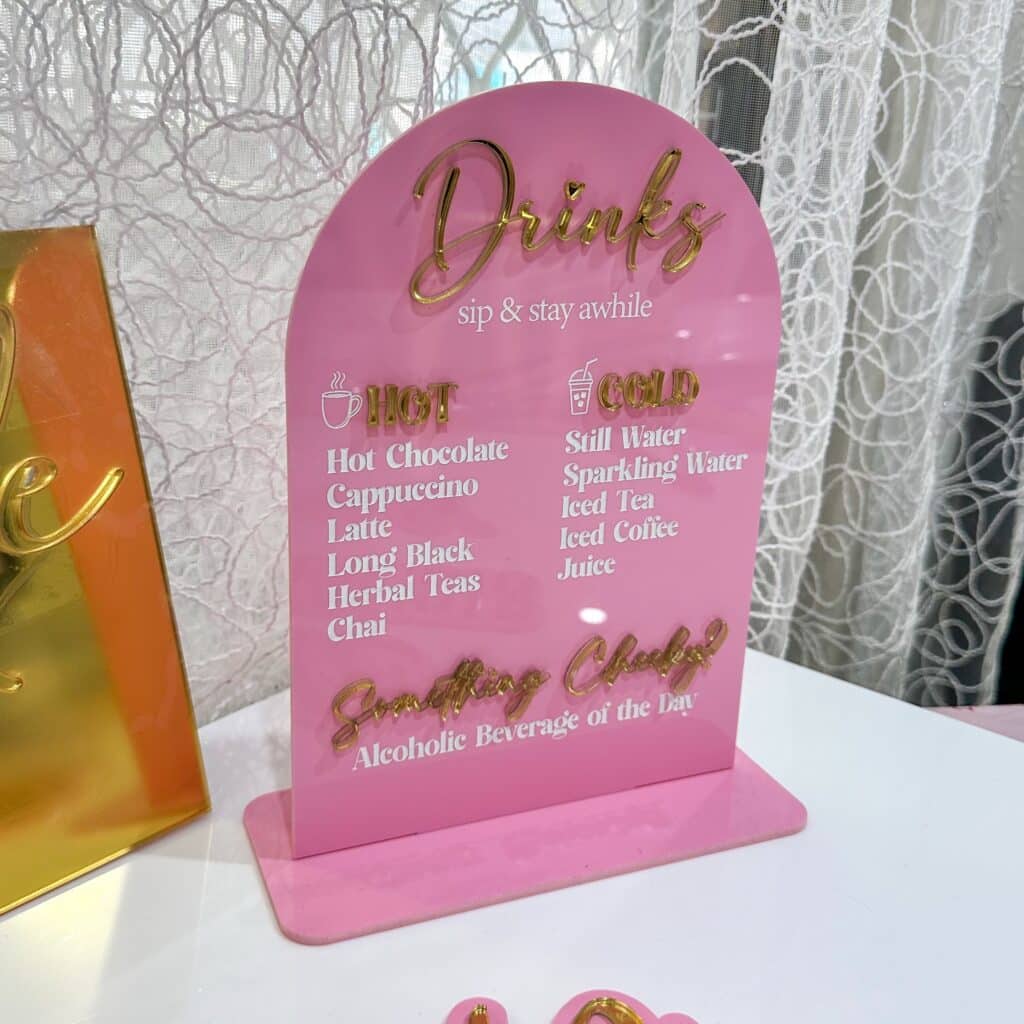 Custom Acrylic Drinks Menu Plaque | Sip & Stay Awhile, featuring a layered acrylic design with a glossy finish.