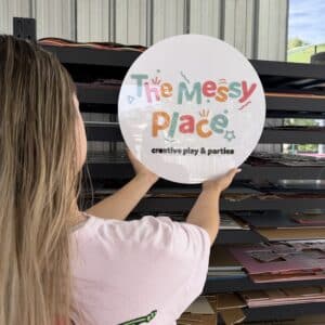 The Messy Place customised, large, round, 30-60cm diameter, 30-60cm circle, acrylic business sign, with a personal, custom.