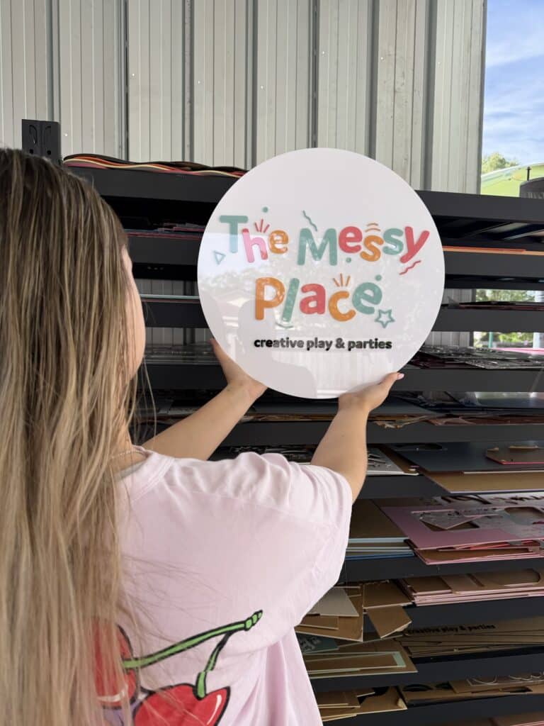 The Messy Place customised, large, round, 30-60cm diameter, 30-60cm circle, acrylic business sign, with a personal, custom.