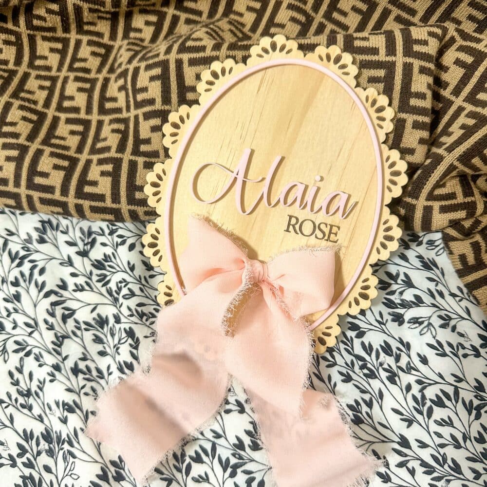 Vintage scallop edge lace with ribbon birth announcement