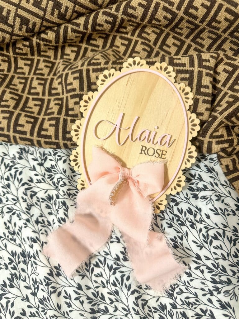 acrylic name plaque with ribbon, personalised, custom, baby name sign, baby name plaque, baby name board, baby name keepsake.