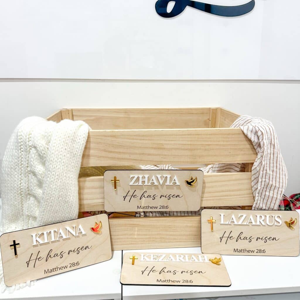 Personalised He Has Risen Easter Crate Plaque | Christian | Gold Cross & Dove Acrylic Plaque. A custom, gold cross and dove.