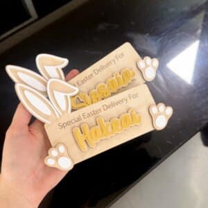 Wood with acrylic detailing, Personalised Easter Crate - Special Easter Delivery Box | Bunny Ears & Feet Design.