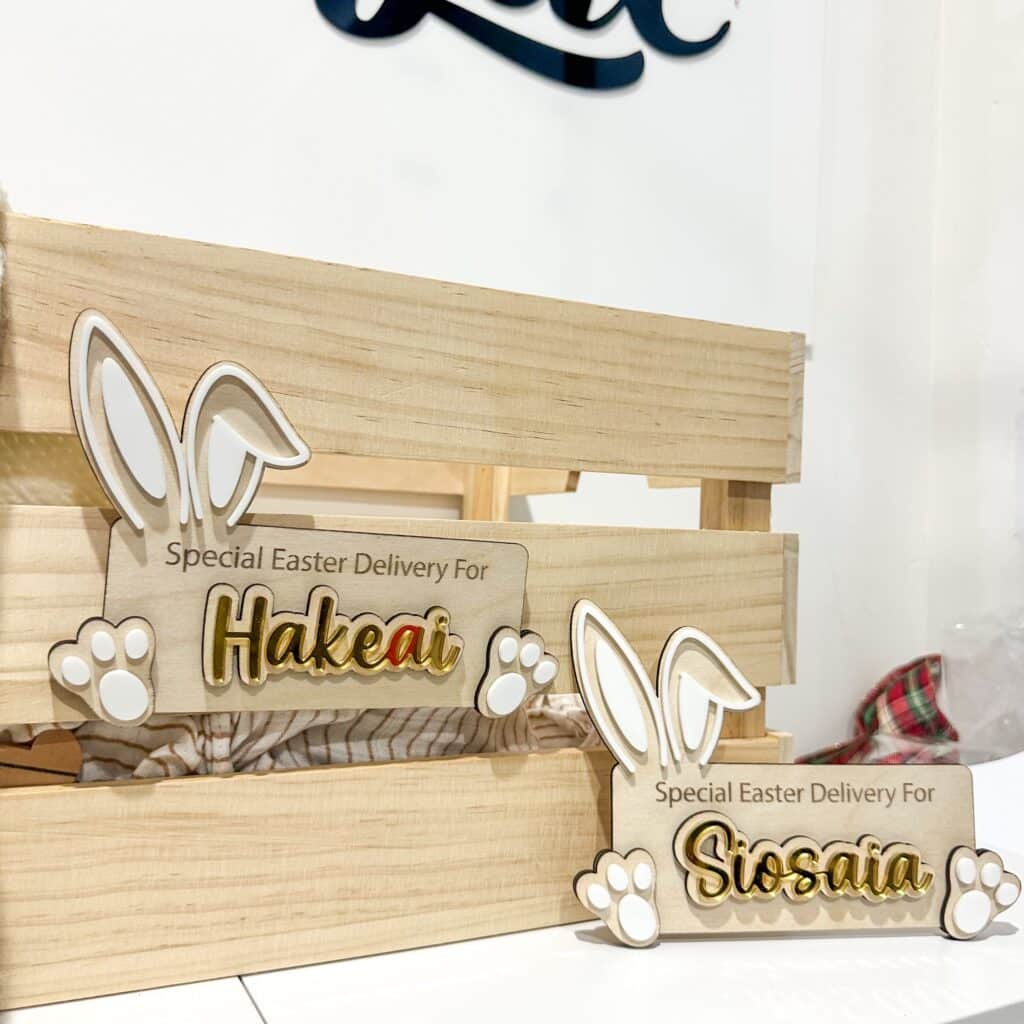 wood with acrylic detailing, personalised 'Alejna' Easter crate with bunny ears and feet design.