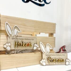 wood with acrylic detailing, personalised 'Alejna' Easter crate with bunny ears and feet design.