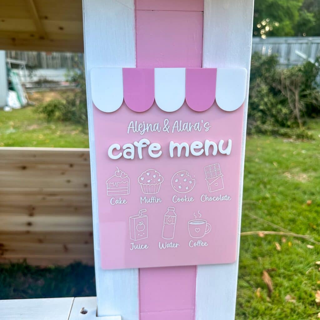 acrylic personalised kids cafe menu sign for play kitchens. Custom, bespoke, handcrafted, layered acrylic.
