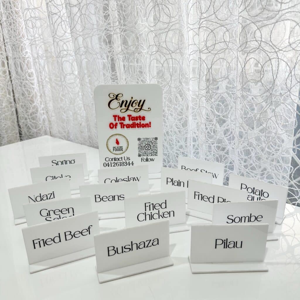 acrylic food labels, custom catering signs, personalised, custom, handcrafted, bespoke, food labels, catering signs, acrylic.