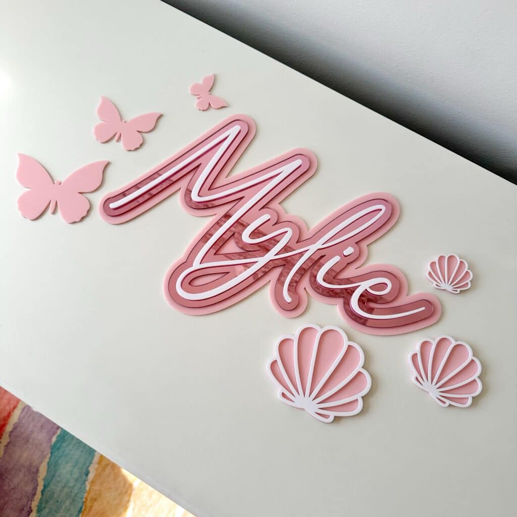 Triple layer acrylic name sign, personalised with 3D effect, customised with a unique design, a bespoke and handcrafted.