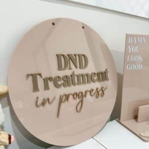 Custom double-sided 3D acrylic salon door sign, 30cm, with personalised name in script font.