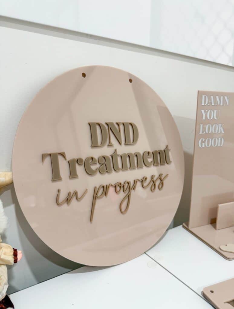 Custom double-sided 3D acrylic salon door sign, 30cm, with personalised name in script font.