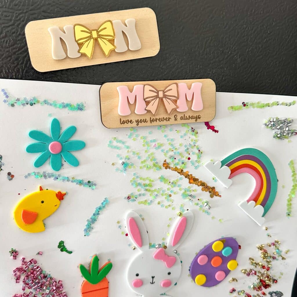 engraved wood with acrylic detailing, personalised 'Alejna' Mother's Day fridge magnets.