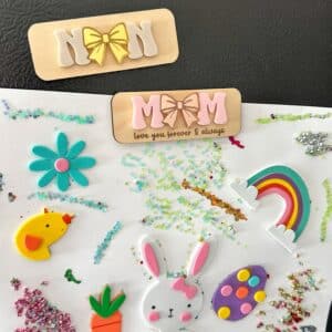 engraved wood with acrylic detailing, personalised 'Alejna' Mother's Day fridge magnets.